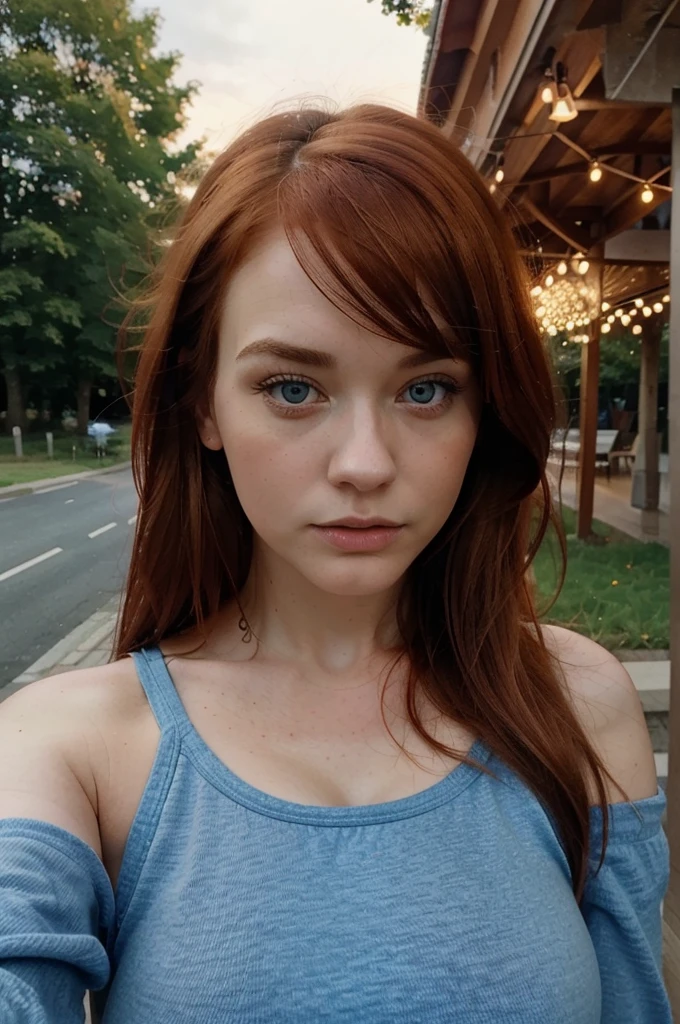 selfie of a beautiful and young woman. She is swedish. She is 20. Large eyes, large lips, small nose. Looks like Christina Hendricks. red copper hair. blue eyes. busty. fit girl. evening. outdoor. lofi photo taken with iPhone with one hand