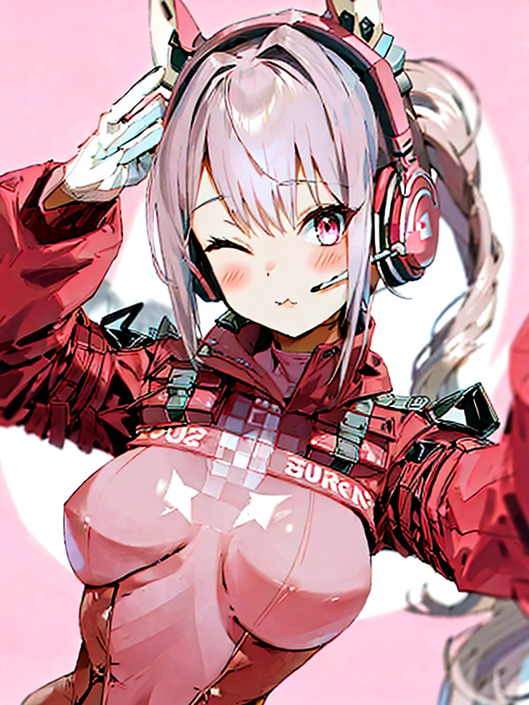 One girl, Animal ears, bangs, blush, Bodysuits, chest, Mouth closed, fake Animal ears, gloves, Headphones, headset, Horse's ears, Impossible clothes, Jacket, large chest, Long Hair, Long sleeve, View your viewers, pink Bodysuits, Pink Eyes, Simple Background, Fits perfectly to the skin, smile, alone, Twin tails, Upper Body, very Long Hair, White Background, white gloves, Gray Hair,Alice \(Nod\),(masterpiece:1.4),(Highest quality:1.4),(Shiny skin),Realistic