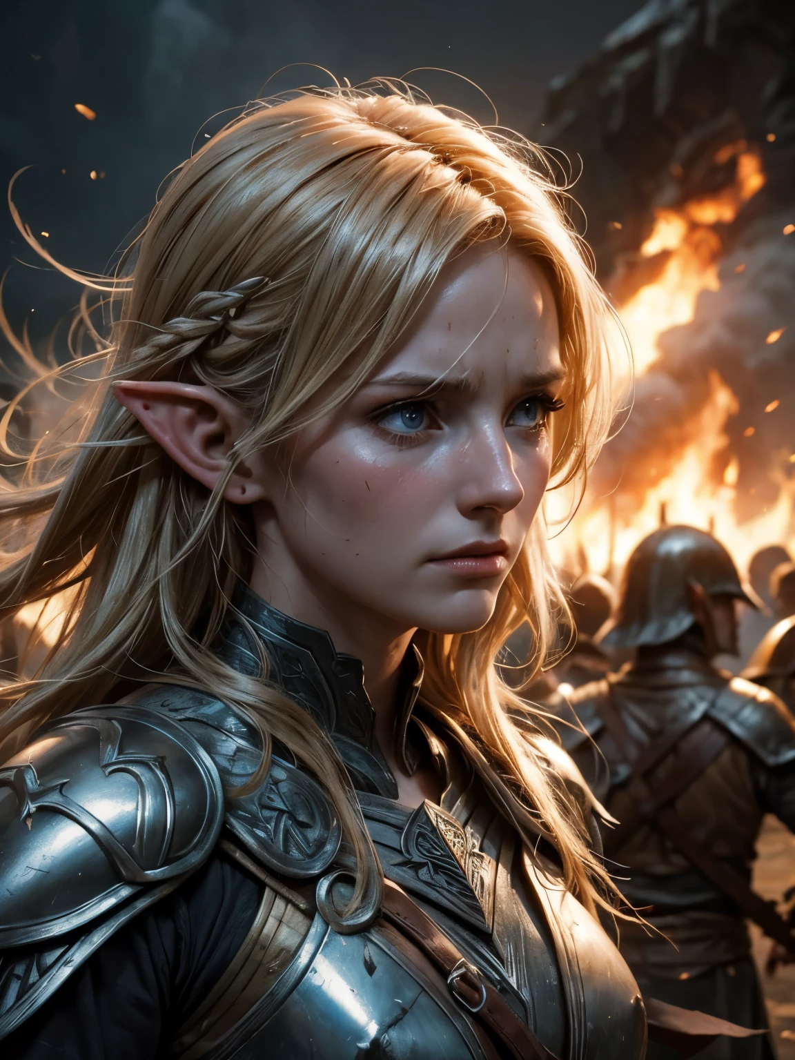Helen Skelton, Battle of Helm's Deep, close-up action shot from ground level, naked elvish warrior, elven features, pointed ears, determined frown, sweating, damp hair, on a bloody battlefield, explosion, fires
