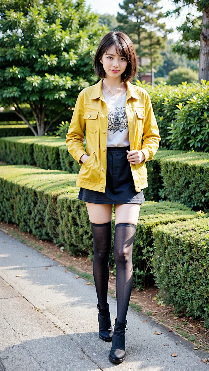 (8K、RAW Photos、Highest quality、masterpiece:1.2)、(Realistic、Realistic)、1 Girl、((Medium Hair、Yellow Jacket、Black mini skirt、tights、boots、Big Breasts、whole body、garden、smile、View from the front、Looking into the camera、Stand with hands on hips))、