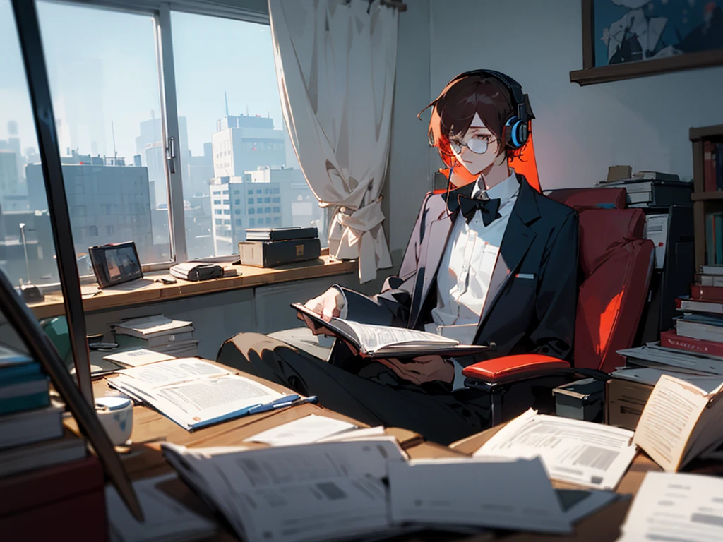 A slender man with dark hair and glasses studying in a messy room at night、A redhead woman is sitting next to him, relaxing and listening to headphones、Both are 28 years old