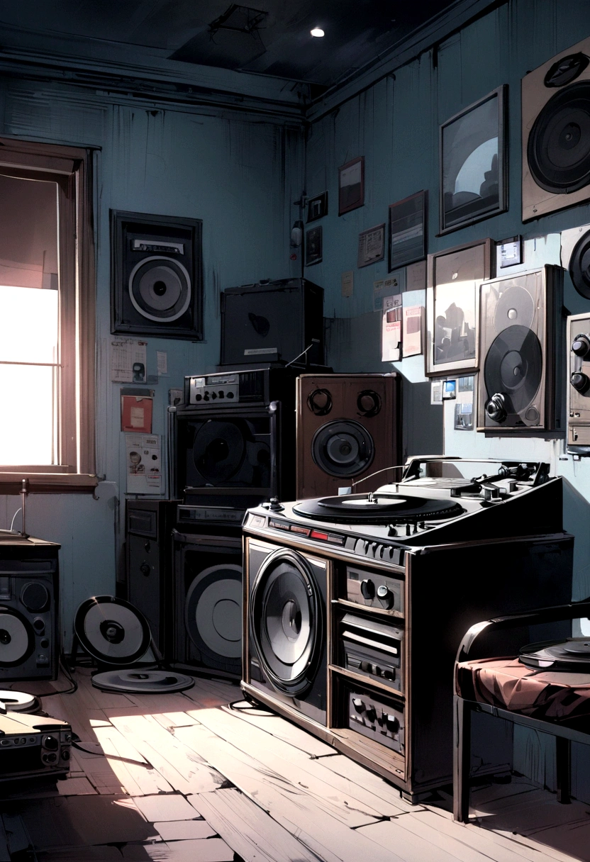 Create a hyper-realistic digital image music studio in the 80's style, A weathered record player with a vinyl spinning sits in the corner (representing Gen X)