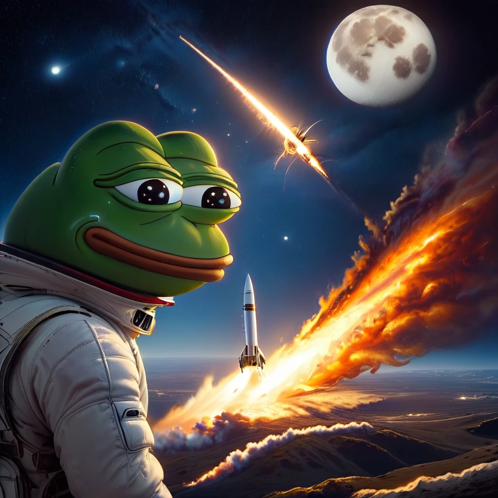 Pepe the frog, watching a rocket launch to the moon, detailed face and expression, hyper-realistic, 8k, masterpiece, cinematic lighting, dramatic, photorealistic, concept art style, vivid colors, deep blue sky, glowing rocket exhaust, sense of awe and wonder