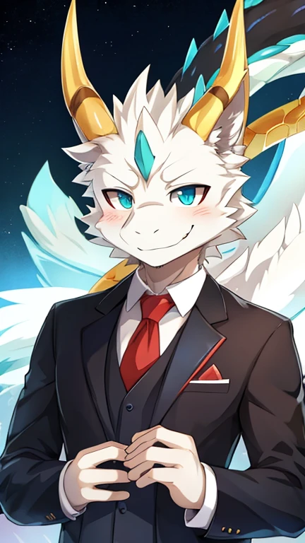 anime character with a snake in his hand and a suit on, from cryptid academia, commission for high res, pixiv, detailed fanart, as an anthropomorphic dragon, anthro dragon art, at pixiv, but as an anthropomorphic dragon, koda kazuma, top rated on pixiv, pixiv contest winner, black and white fur colour, fluffy fur,furry kemono,detailed art, furry dragon,dragon anime anthro, see to viewer, smile, happy face expression,background office