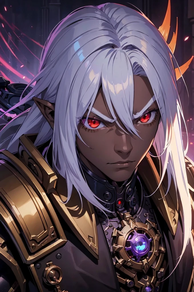 ((best quality)), ((masterpiece)), (detailed), ((boy)), ((mechanical armor)), (steampunk), (serious), dark skinned, human, upper body, portrait, red eyes, long white hair, Xemnas from Kingdom Hearts, half-drow, pointy ears, serious face, dramatic lighting, purple hue, art by Kinema Citrus