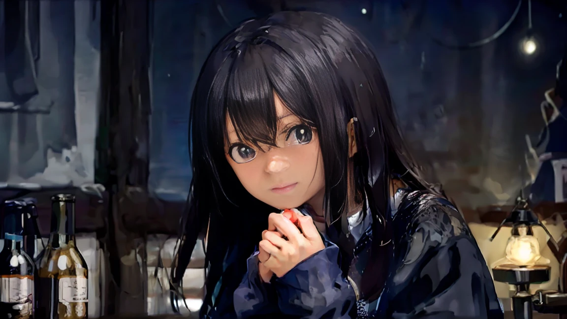 "In a dark room illuminated only by the moonlight, an anime girl in an oversized black sweatshirt. The room is nearly dark, with the moonlight giving a gentle glow to her figure. Her sleeves are long, and only a small part of her fingers is visible, making her look cute. She has long black hair and a shy, bashful smile, looking at the viewer."
