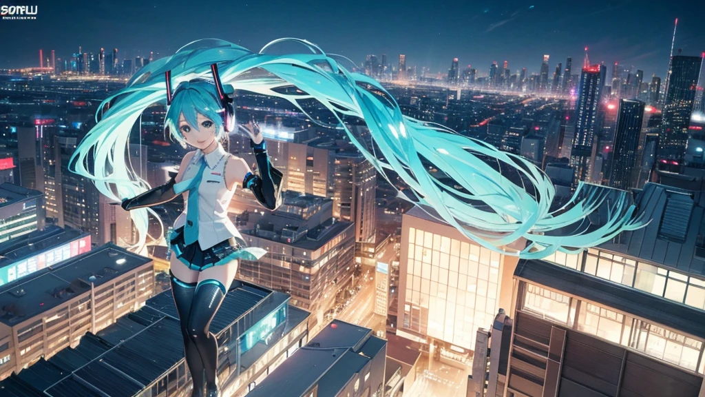 This painting depicts a scene from a city rooftop dance event featuring Hatsune Miku.。With the night view in the background、She performs energetically on the rooftop。The stage lights illuminated her futuristic outfit.、It blends in with the lights of the surrounding buildings.。