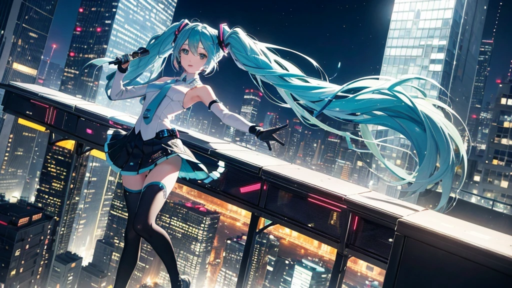 This painting depicts a scene from a city rooftop dance event featuring Hatsune Miku.。With the night view in the background、She performs energetically on the rooftop。The stage lights illuminated her futuristic outfit.、It blends in with the lights of the surrounding buildings.。