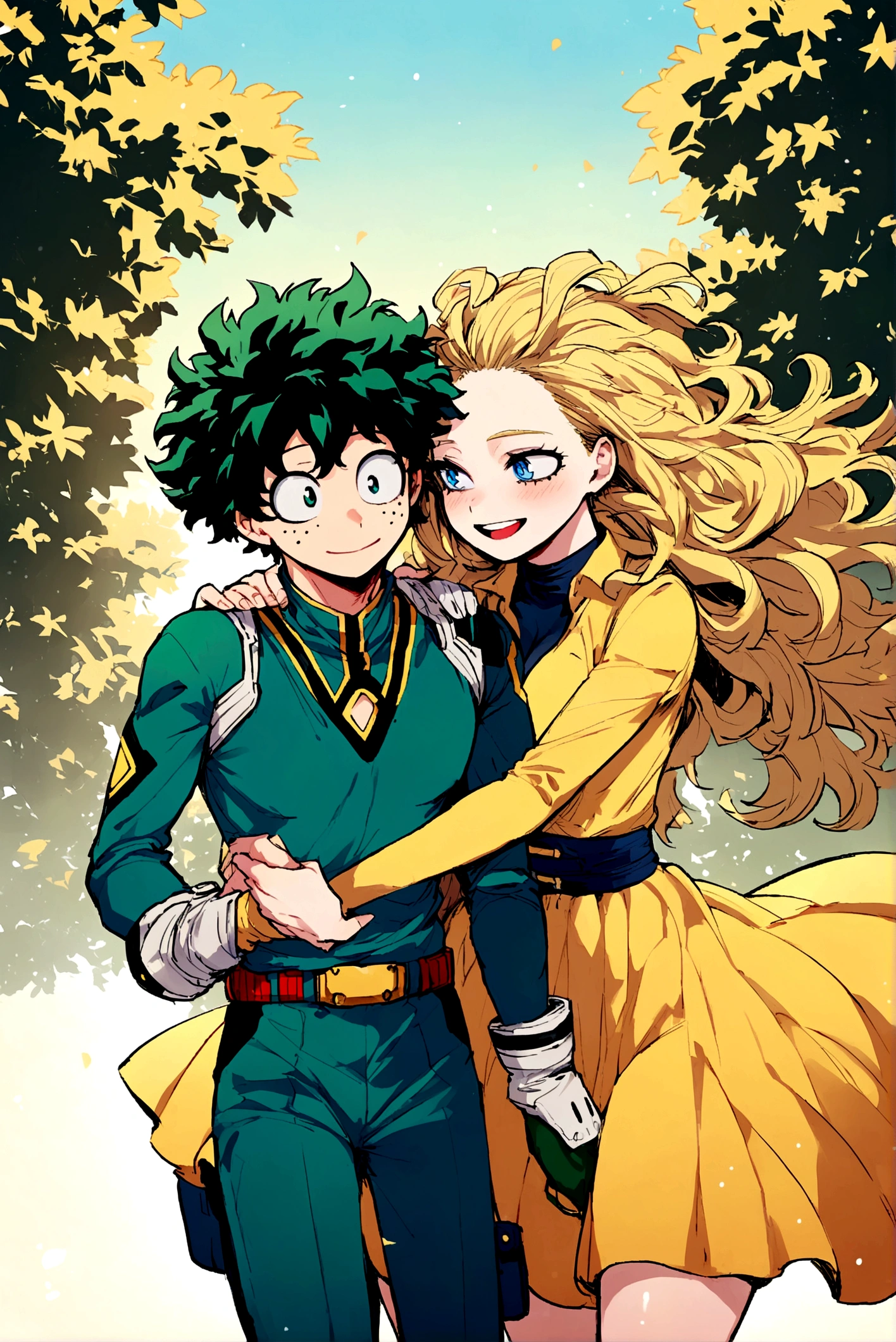 My hero academia, tall, hourglass figured girl with extremely long yellow messy hair and bright blue eyes with Midoriya Izuku, romantic relationship