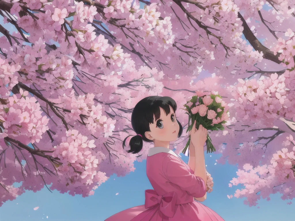 drsizukachan1,,1girl,solo,pink dress,looking_at_viewer, holding a bunch of flowers