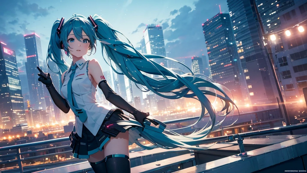 This painting depicts a scene from a city rooftop dance event featuring Hatsune Miku.。With the night view in the background、She performs energetically on the rooftop。The stage lights illuminated her futuristic outfit.、It blends in with the lights of the surrounding buildings.。
