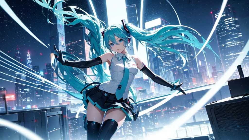 This painting depicts a scene from a city rooftop dance event featuring Hatsune Miku.。With the night view in the background、She performs energetically on the rooftop。The stage lights illuminated her futuristic outfit.、It blends in with the lights of the surrounding buildings.。