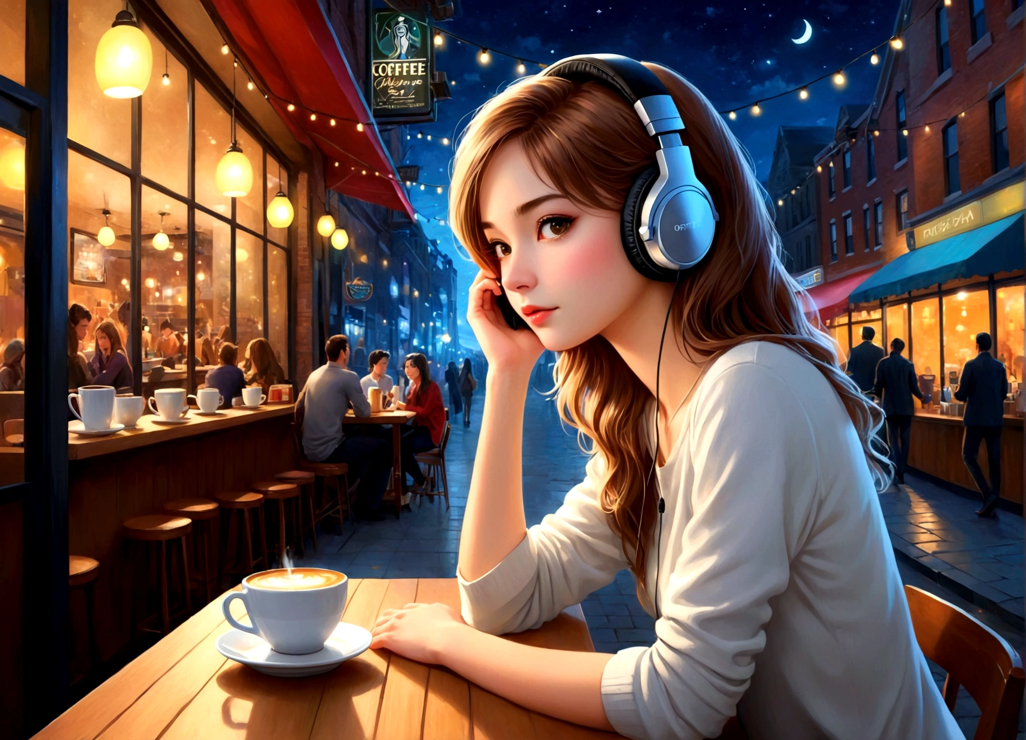 masterpiece, highest quality, beautifully (One girl), Very detailed,colorful, Most detailed、headphones on, (Coffee Shop background, night time)