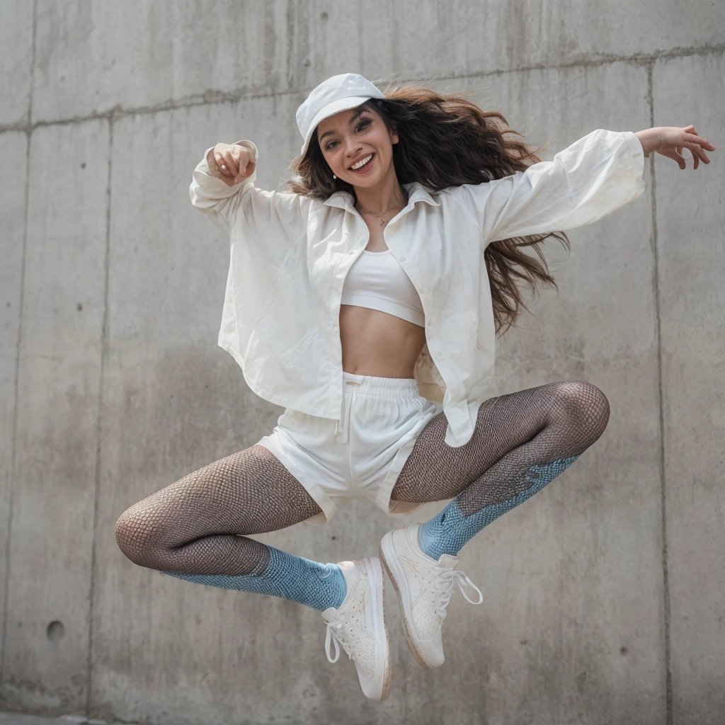 Create an image of a mixed-race female dancer. She is wearing an oversized, loose-fitting shirt made of thick white cotton, white board shorts, white trainers, a white Kangol hat, and blue fishnet tights. The setting is outdoors against a grey concrete effect wall. The scene is lit with natural light and additional fill-in spotlighting that brilliantly illuminates the dancer and her movements. Capture her in a dynamic street dance pose with exaggerated shapes and a happy, excited facial expression. The background should be simple, ensuring the focus remains on the dancer.