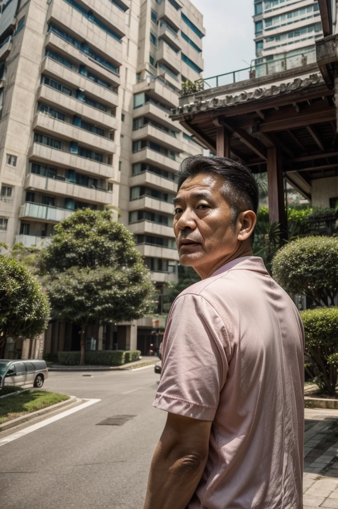 Back photo, There is only one middle-aged man in the photo,major,credibly,of Taiwanese,Used to make profile pictures, Outside the high-rise mansion, Cartoon style photos