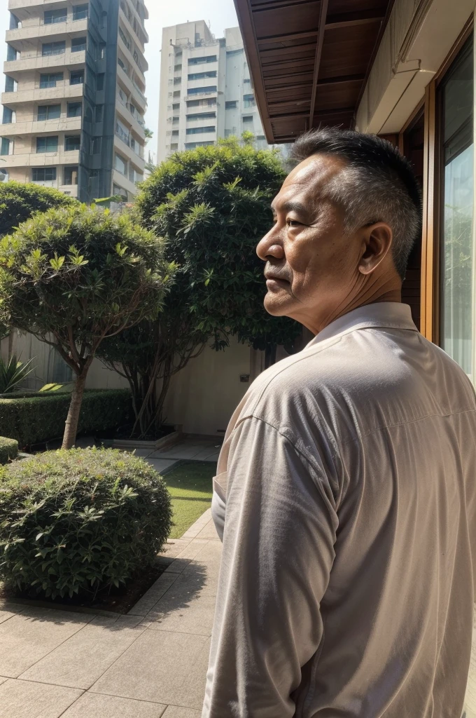 Back photo, There is only one middle-aged man in the photo,major,credibly,of Taiwanese,Used to make profile pictures, Outside the high-rise mansion, Cartoon style photos