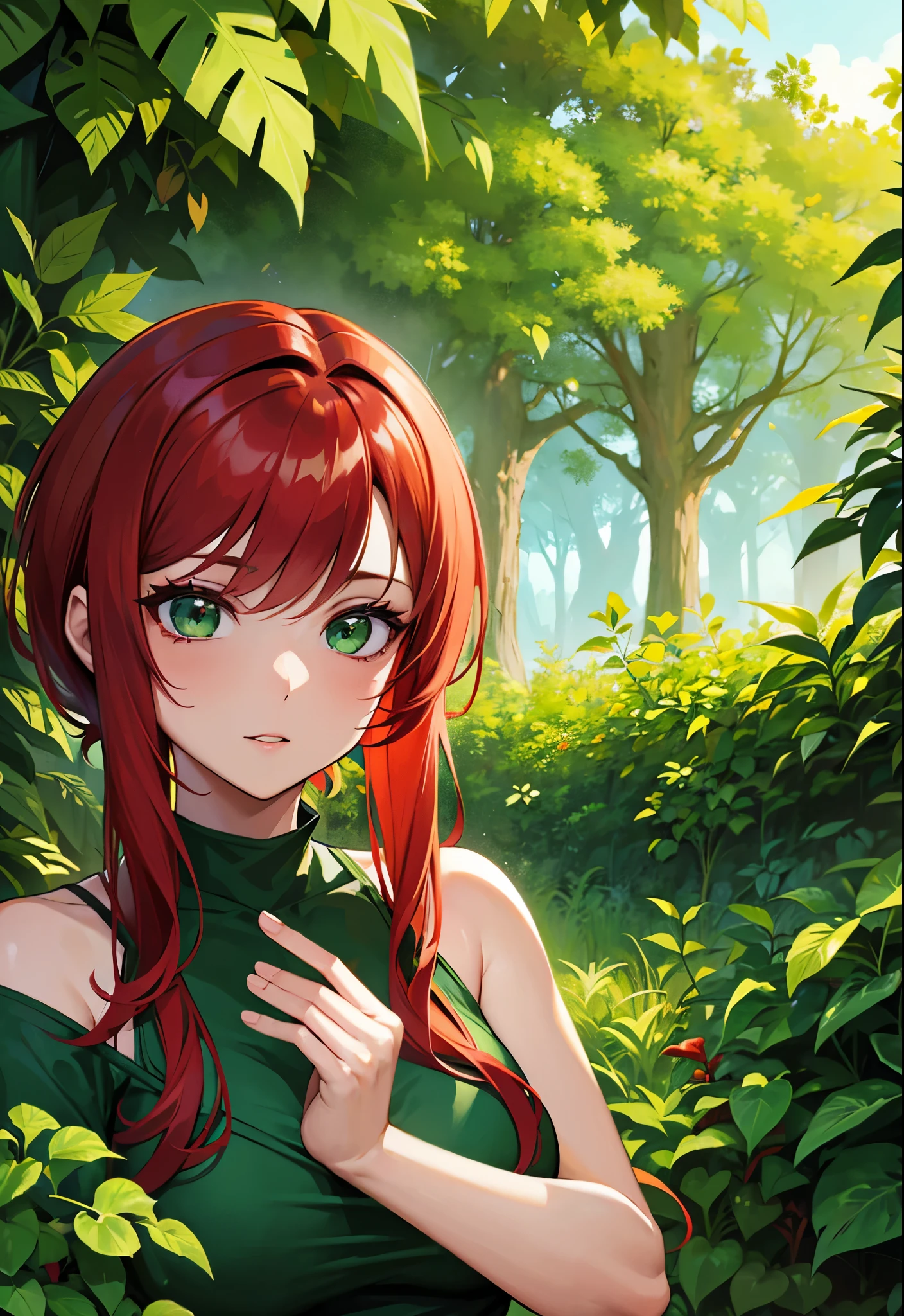 Woman with red hair, green eyes, Green plants everywhere, green plants Background