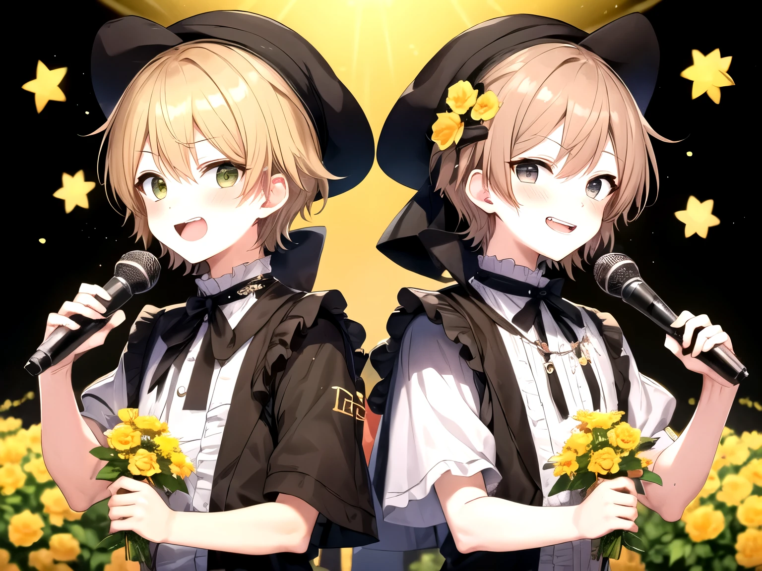 twin boys doing manzai on the stage, light brown short hair with yellow flower hat