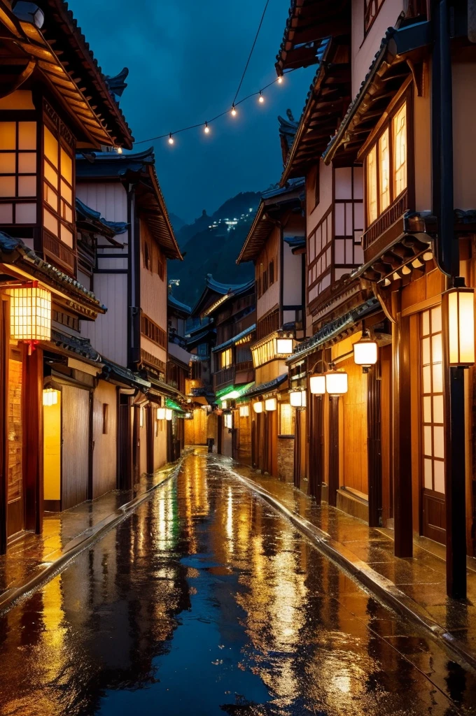 A view of the village with many lights on the buildings, Dreamy city in China, Chinese Village, Awesome Wallpapers, Japanese Street, Japanese Village, 超リアルな町のphotograph, Old Asian Village, Japanese cities, Raymond Han, Rainy night, Cyberpunk Chinese Ancient Castle, beautifully照らされた建物, Rainy Evening, beautifully、aesthetic, photograph, Cinematic, 8K, Detailed ((heavy rain)))