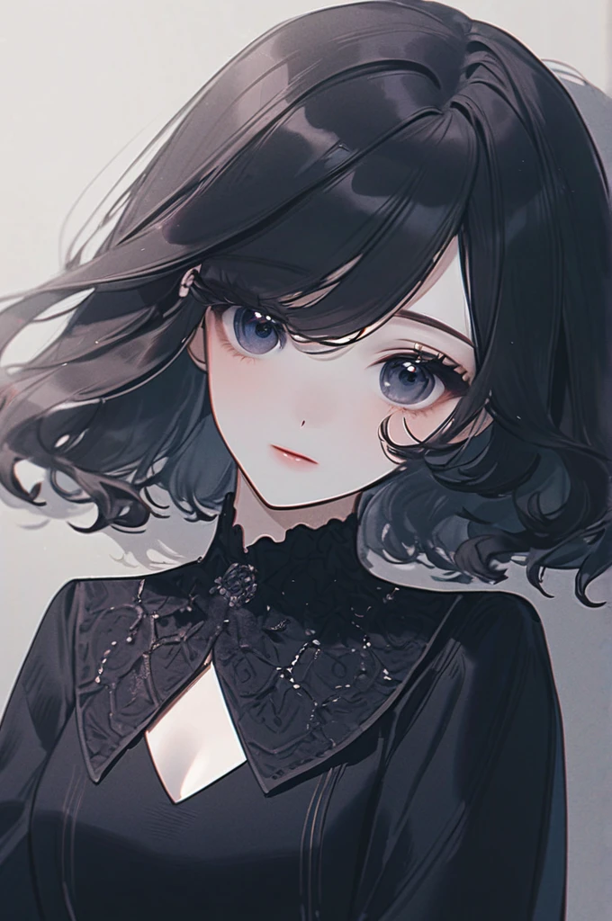 Top view, Woman with asymmetrical short hair, Unusual Gothic Lolita Fashion, A dynamic pose, Collage with black flowers, abstract design, A background that looks like a crack in space, Anime Style, Simple lines, Digital Painting, (masterpiece, High resolution, Highest quality)