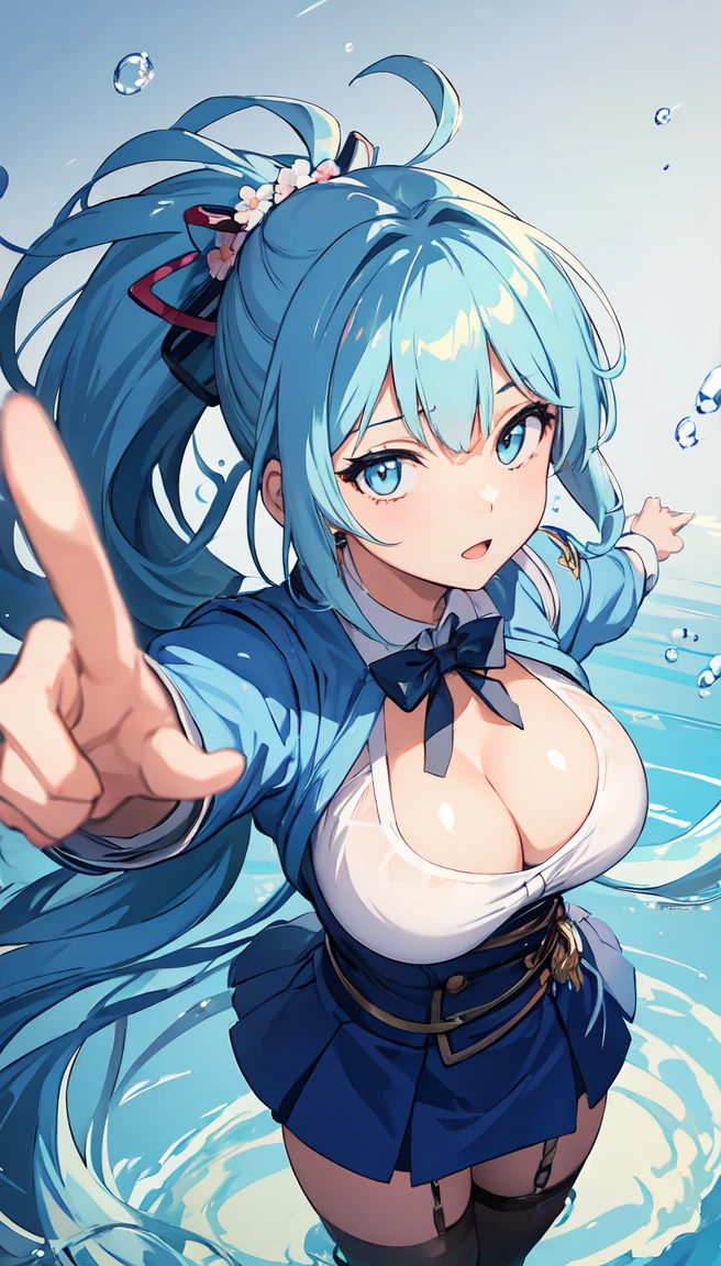 (masterpiece), (best quality), (ultra detailed),(disheveled hair),(illustration), (1girl), NSFW< SEXY POSE, BIG TITS,(Fashionable clothing), standing, Fashion model, looking at viewer, (interview), (simple background),beautiful detailed eyes, delicate beautiful face, Floating,(high saturation),(colorful splashes),colorful bubble,(shining), focus on face, ponytail, kamisato ayaka, light blue hair, bangs, hair ring, floating flowers, floating hairs, (shining), best lighting, best shadow,