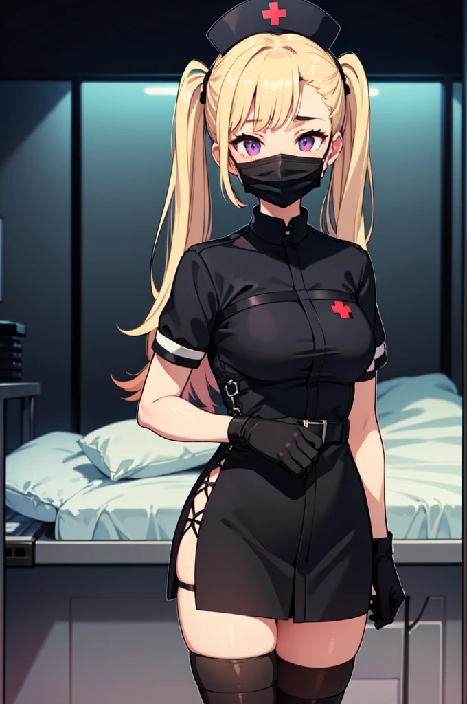 black nurse, 1girl, solo, black nurse cap, black nurse uniform, ((black legwear, zettai ryouiki)), black elbow gloves, twintails, yellow hair, purple eyes, ((black surgical mask, covered nose)), standing, ((surgery room)), sharp outline, short sleeves, best quality, masterpiece
