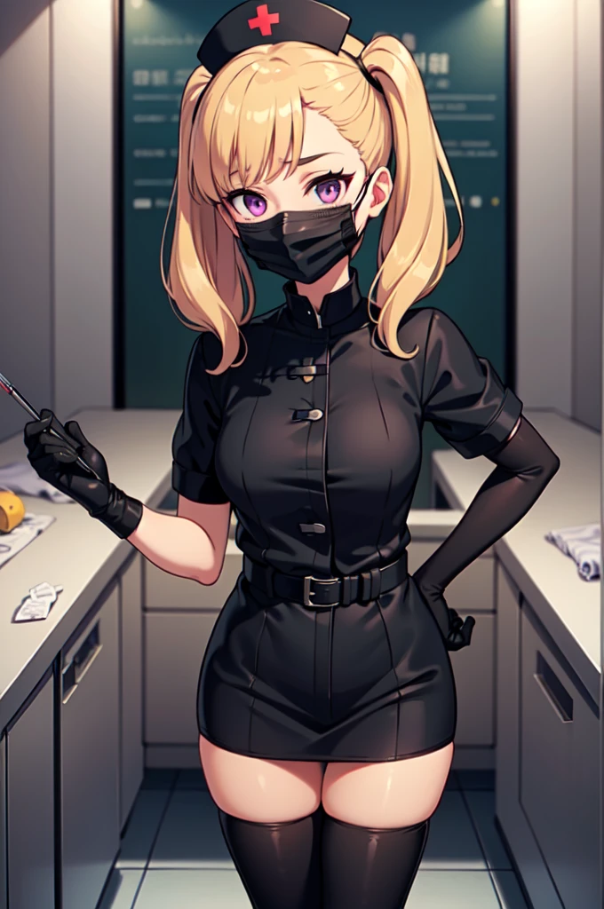 black nurse, 1girl, solo, black nurse cap, black nurse uniform, ((black legwear, zettai ryouiki)), black elbow gloves, twintails, yellow hair, purple eyes, ((black surgical mask, covered nose)), standing, ((surgery room)), sharp outline, short sleeves, best quality, masterpiece