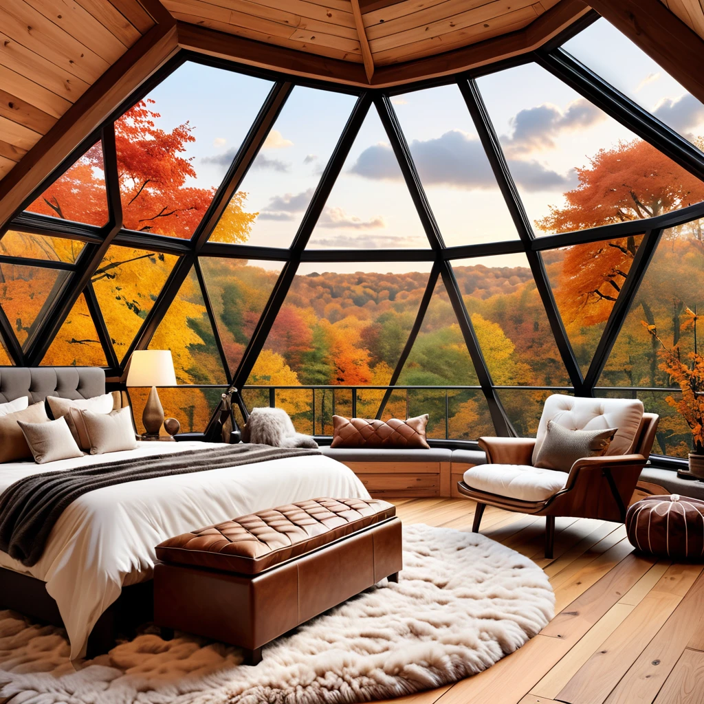 Design a cozy and luxurious bedroom inside a geodesic dome with large triangular windows offering a stunning view of autumn foliage. The room features a comfortable bed with plush pillows and warm blankets, surrounded by soft lighting from bedside lamps. Include a tufted ottoman and a cozy armchair with a fur throw, creating a relaxing seating area. The wooden floor is adorned with a fluffy rug to enhance the warm and inviting atmosphere. Add a small bookshelf and a few decorative items to complete the look, ensuring the space feels both elegant and homely