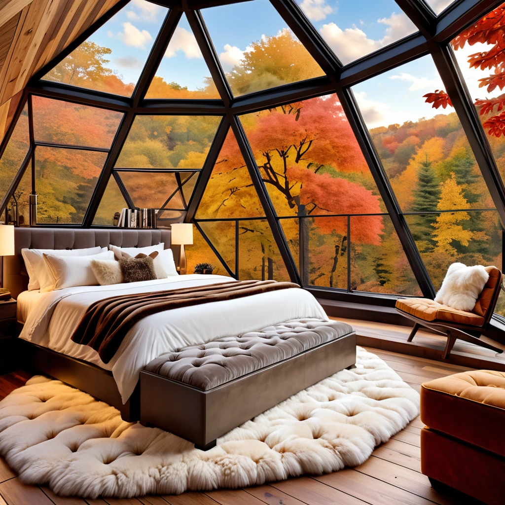 Design a cozy and luxurious bedroom inside a geodesic dome with large triangular windows offering a stunning view of autumn foliage. The room features a comfortable bed with plush pillows and warm blankets, surrounded by soft lighting from bedside lamps. Include a tufted ottoman and a cozy armchair with a fur throw, creating a relaxing seating area. The wooden floor is adorned with a fluffy rug to enhance the warm and inviting atmosphere. Add a small bookshelf and a few decorative items to complete the look, ensuring the space feels both elegant and homely