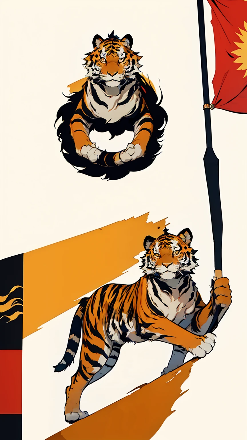  with a Sumatran Tiger by his side, flag of indonesia , Digital illustration, Indonesian independence day, flat illustration, pinceis do procreate, minimalistic, Simpler, high qualiy, accurate detail, 