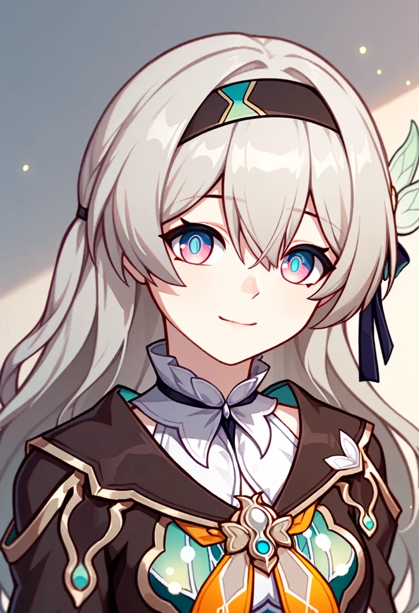 firefly_\(honkai:_star_rail\), 1girl, black_hairband, grey_hair, long_hair, purple_eyes, black_jacket, long_sleeves, hair_between_eyes, white_shirt, very_long_hair