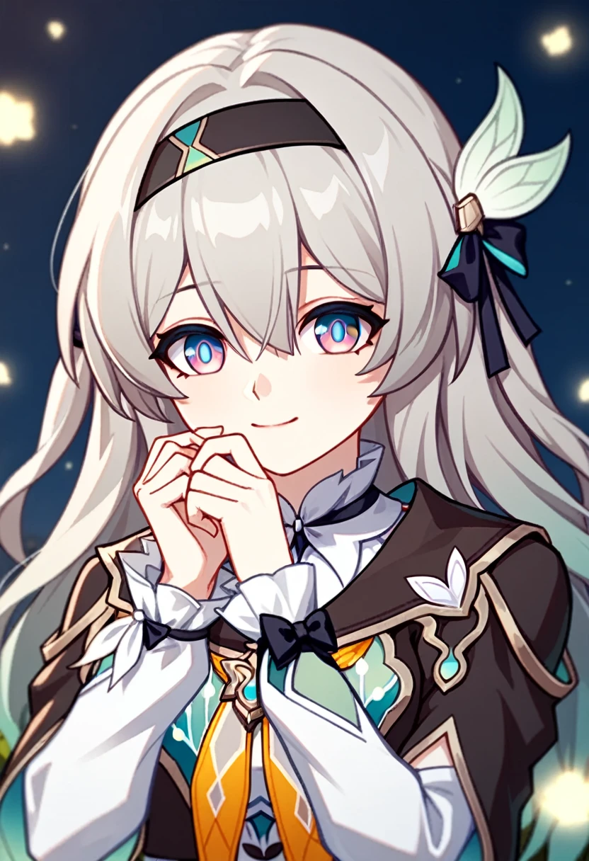 firefly_\(honkai:_star_rail\), 1girl, black_hairband, grey_hair, long_hair, purple_eyes, black_jacket, long_sleeves, hair_between_eyes, white_shirt, very_long_hair