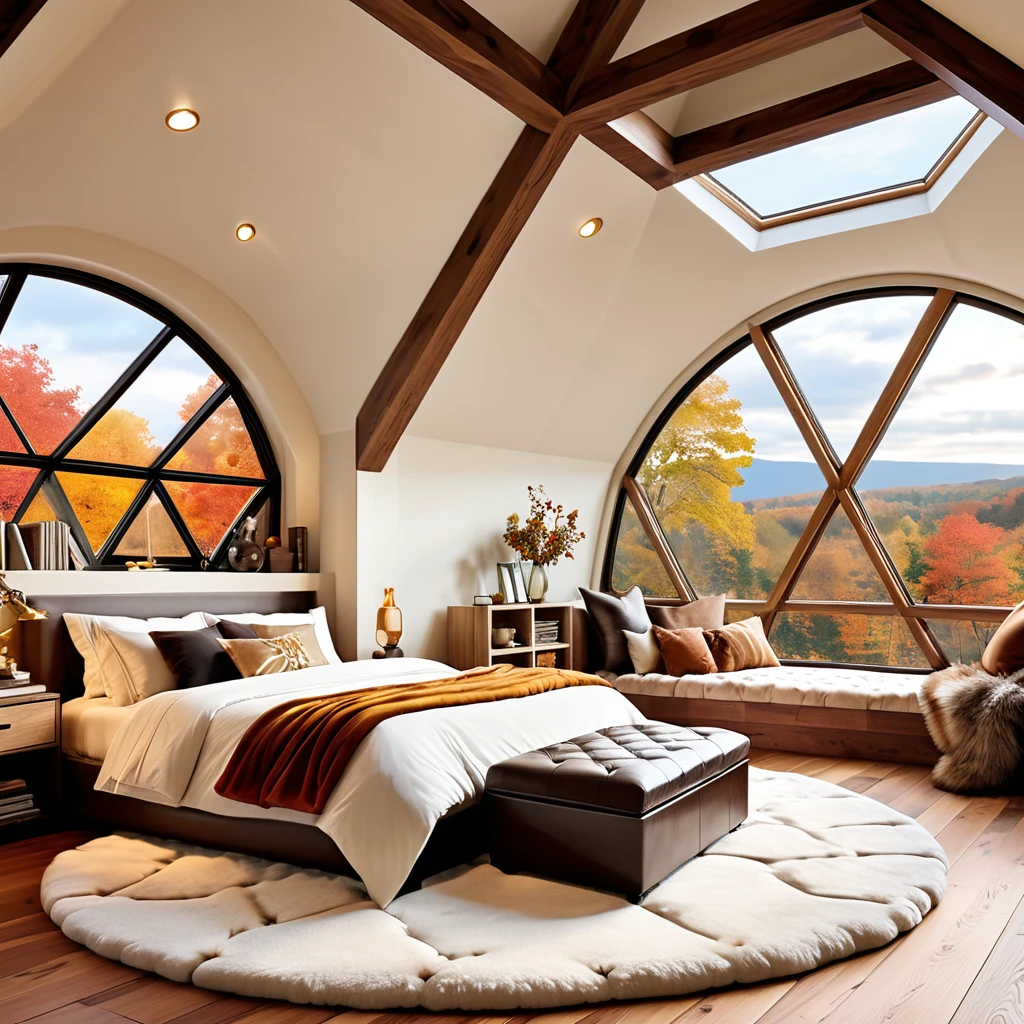 Create an elegant and inviting bedroom set inside a geodesic dome with expansive windows that showcase beautiful autumn scenery. The space should include a plush bed with luxurious bedding, bedside tables with warm lighting, and a tufted ottoman. Add a comfortable armchair with a soft fur throw to create a cozy reading nook. The floor should be wooden with a soft, fluffy rug to add warmth. Decorate with a small bookshelf and a few tasteful accessories to complete the serene and stylish design
