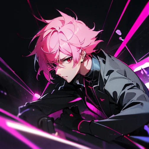 (Highest quality), (masterpiece), (Super detailed), (Shortcuts), (Two-block hair), (Bright pink hair), (Red eyes), (Cool pose), (suit), (neon), (neonデイライト), (Cinematic), (stylish), (High resolution), (Soft Town), (Nightcore), (a handsome guy), (PSYCHO-PASS anime style), (Low - Angle), (it&#39;s raining), 