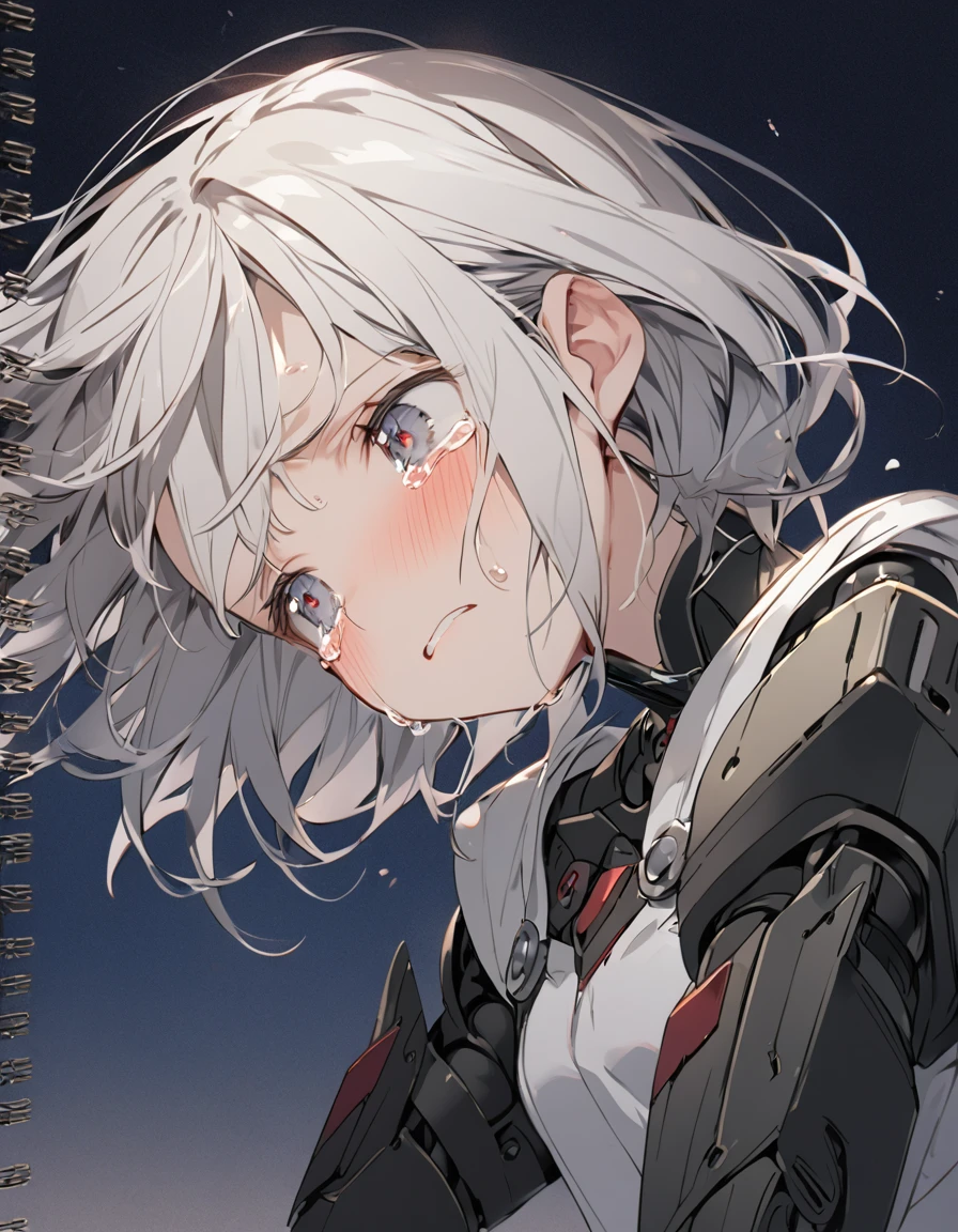 The white-haired girl cried sadly, Mechanical joints　short hair
