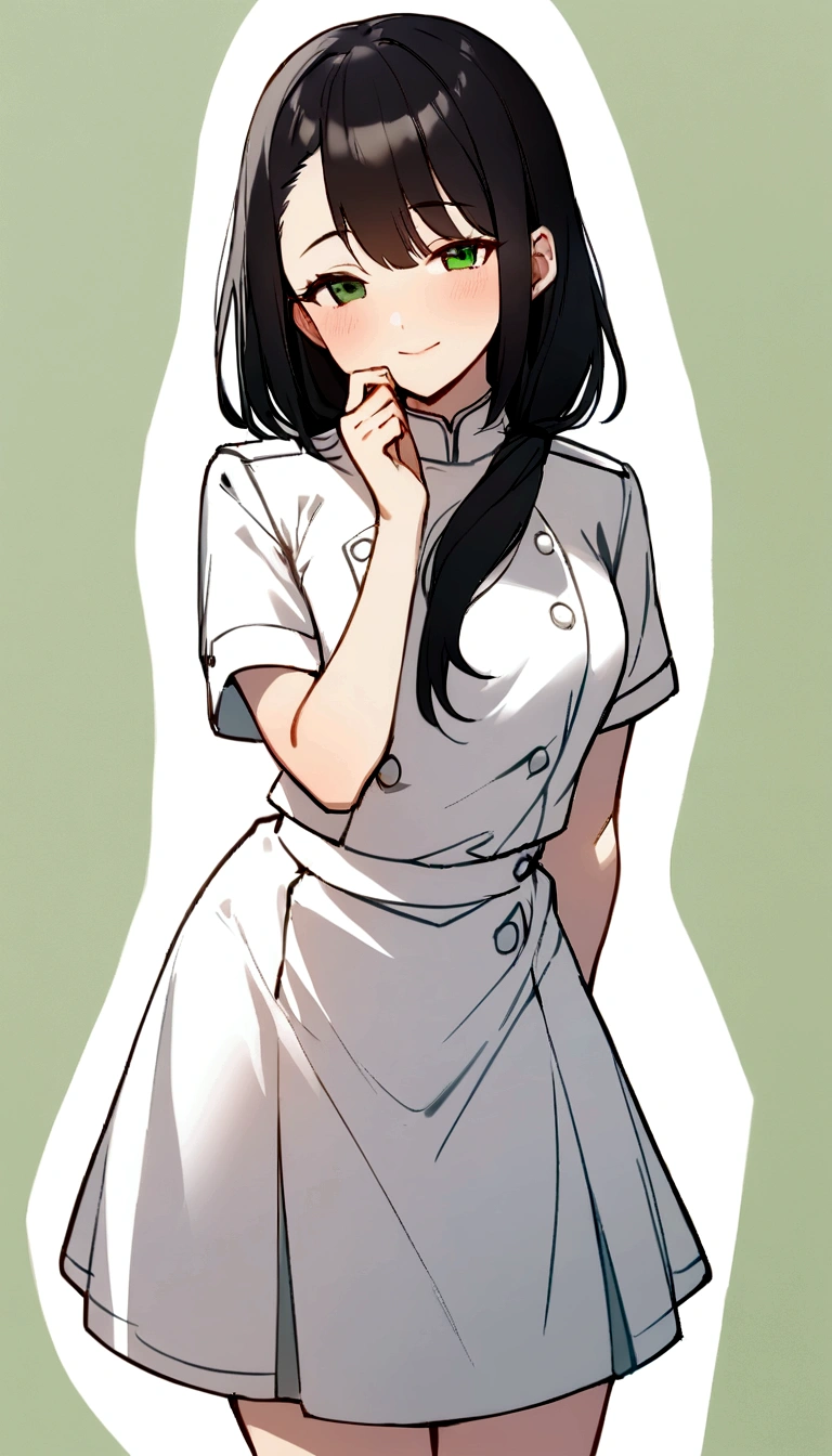 One Girl,20-year-old,Beautiful Face,whole body,Medium Sidecut, Black Hair, Sharp focus,White nurse uniform、A shy smile、Gentle eyes、Droopy eyes、Green Eyes