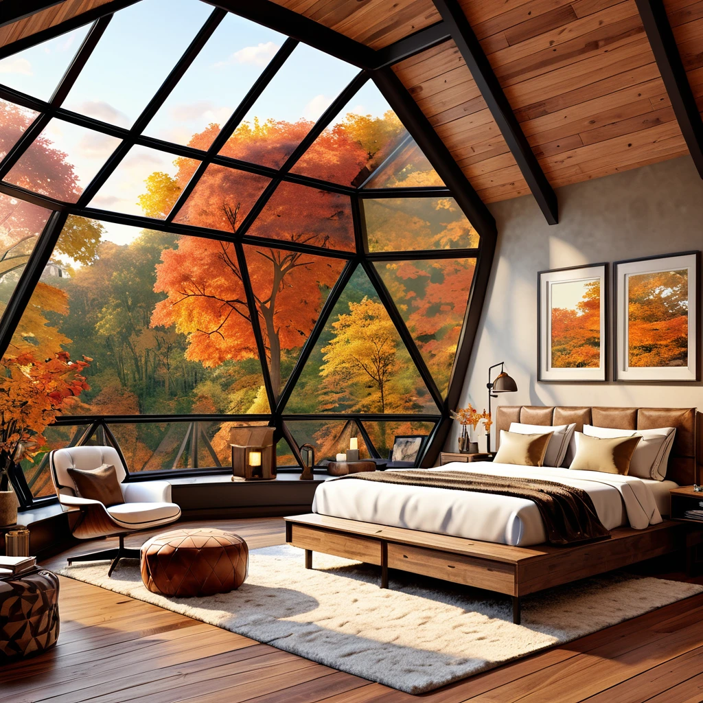Design a sophisticated and cozy bedroom within a geodesic dome, featuring large windows that offer breathtaking views of autumn leaves. The room should have a comfortable bed with soft pillows and blankets, bedside lamps providing gentle illumination, and a stylish ottoman. Include a cozy armchair draped with a fur throw for a relaxing corner. The wooden floor should be complemented by a fluffy rug to enhance the warmth of the space. Add a small bookshelf and select decorative items to give the room an elegant yet homey feel.