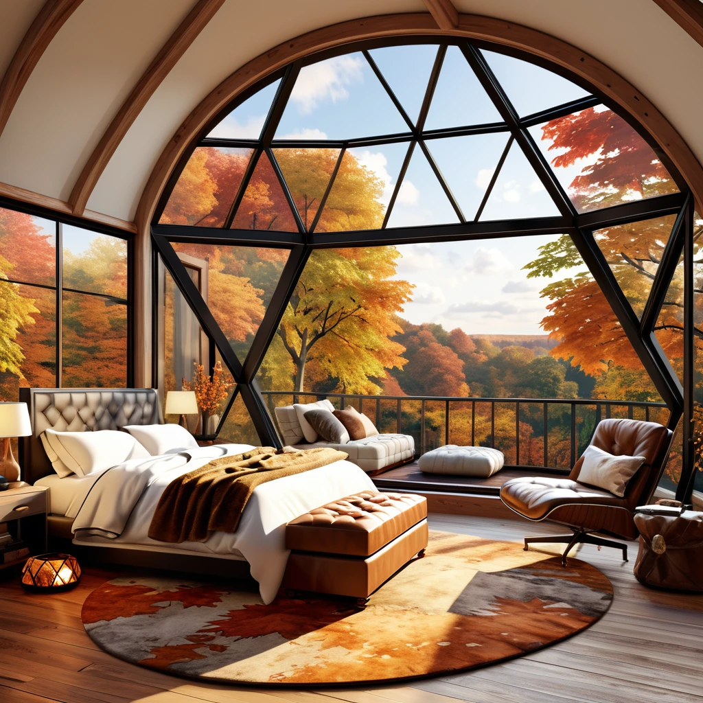 Design a sophisticated and cozy bedroom within a geodesic dome, featuring large windows that offer breathtaking views of autumn leaves. The room should have a comfortable bed with soft pillows and blankets, bedside lamps providing gentle illumination, and a stylish ottoman. Include a cozy armchair draped with a fur throw for a relaxing corner. The wooden floor should be complemented by a fluffy rug to enhance the warmth of the space. Add a small bookshelf and select decorative items to give the room an elegant yet homey feel.