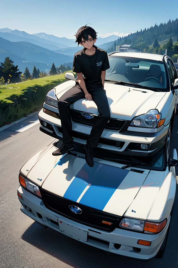 black haired boy sitting on the hood of his subaru impreza wrx with mountains in the background 