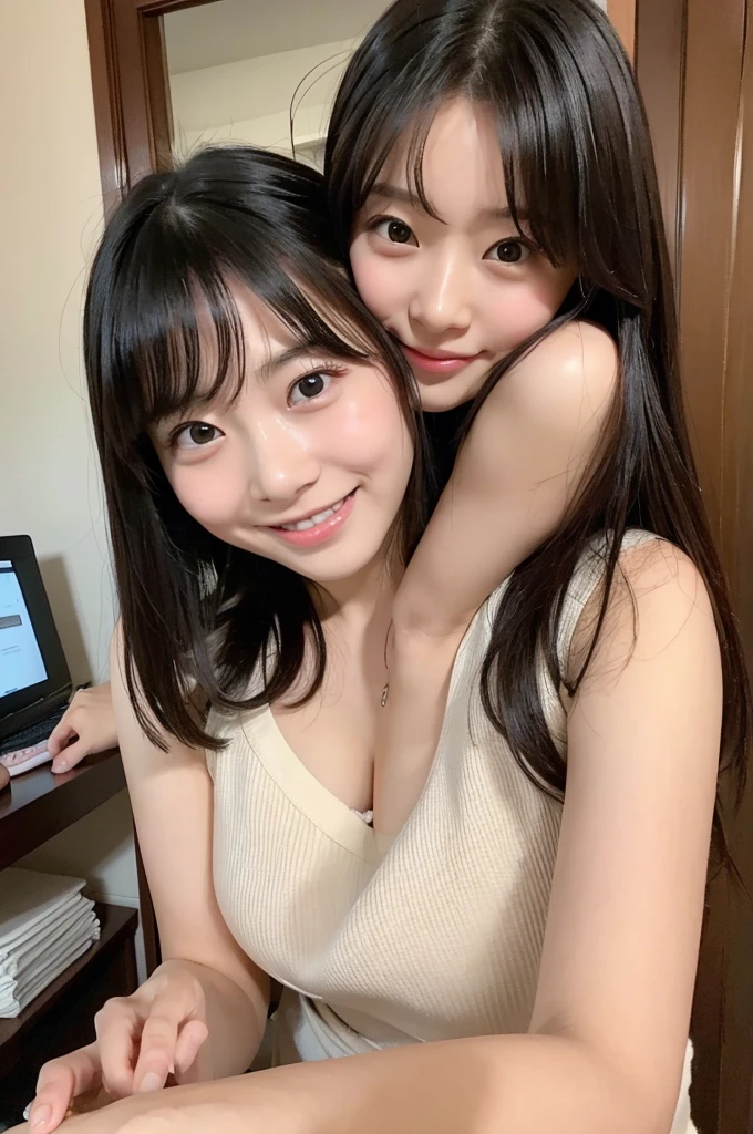 Japanese、8K、Ultra Detail、フォトReal、Realistic and accurate depiction、Realistic and accurate human anatomy、High resolution、Highest quality、Wife、Perfect cuteness、Random hairstyle、Real、Beauty、Idol、Gentle expression、No makeup、happinessそうな笑顔、masterpiece、refreshing、wife、35歳のwife、3--old ghter、Two-shot photo、happiness、2 people、Medium Hair、Inside a Western-style house、Coming to the camera、happinessそうな表情、A loving smile、happinessそうな親子、No makeup
