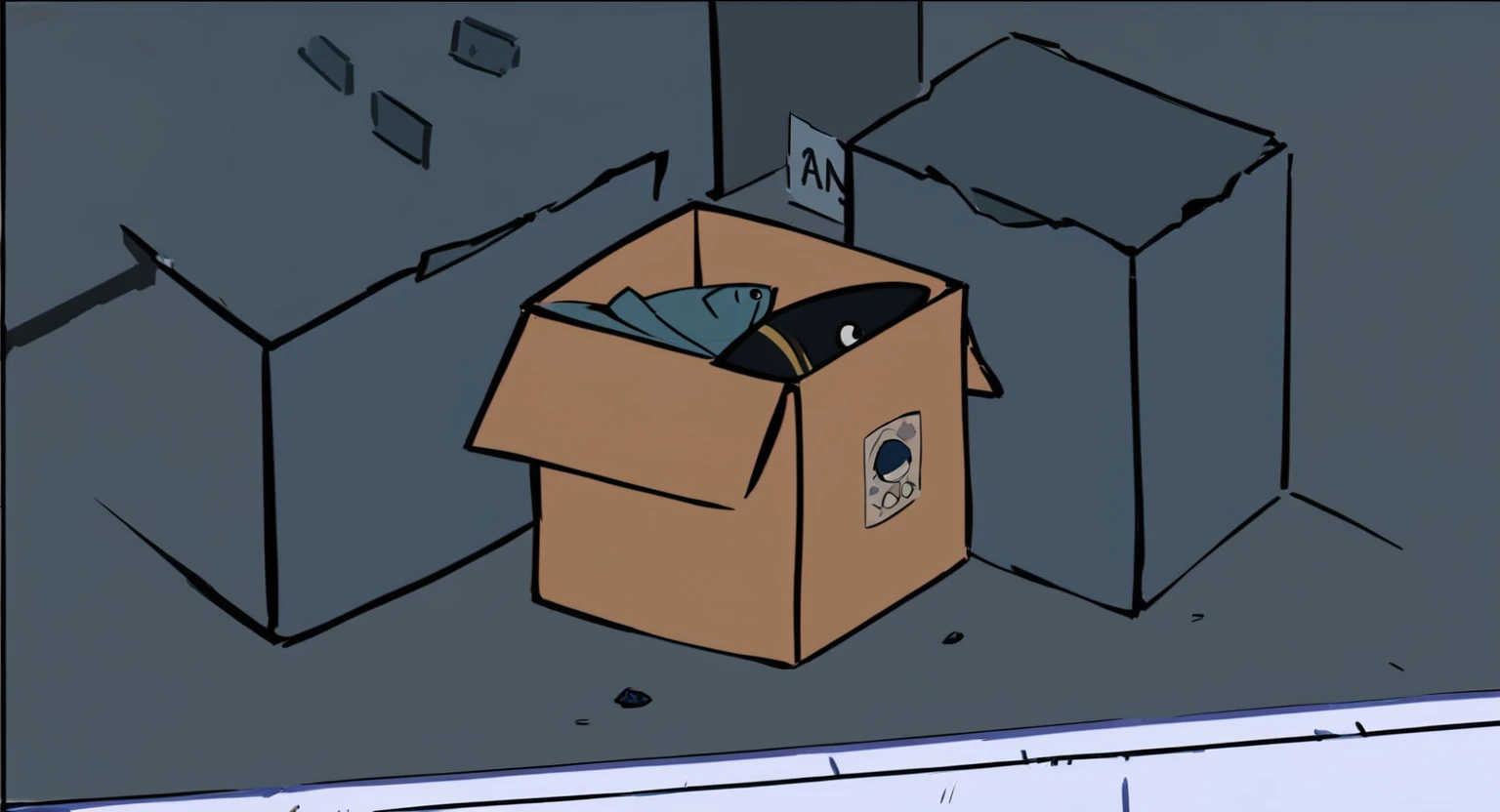 there is a box with a fish inside of it sitting on the floor, inside its box, random background scene, an scp anomalous object, cel shaded:15, cel-shaded:15, cel-shaded:17, box, [ forgetful ], trash, videogame still, loot box, animation still, animated still, cut-scene, fish box, fish
