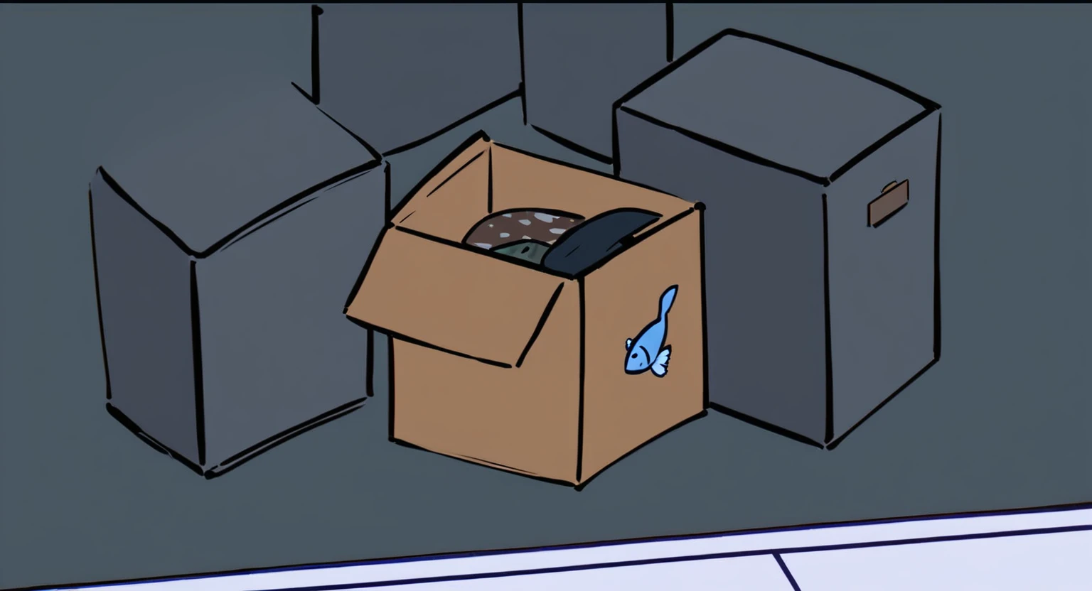 there is a box with a fish inside of it sitting on the floor, inside its box, random background scene, an scp anomalous object, cel shaded:15, cel-shaded:15, cel-shaded:17, box, [ forgetful ], trash, videogame still, loot box, animation still, animated still, cut-scene, fish box, fish