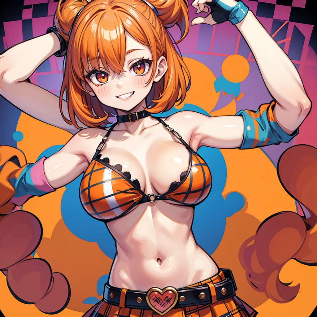 the clown girl, funny, painted face smiling evilly, sexy bikini, orange hair, big breasts, punk rock belt, plaid skirt, psychotic circus background.