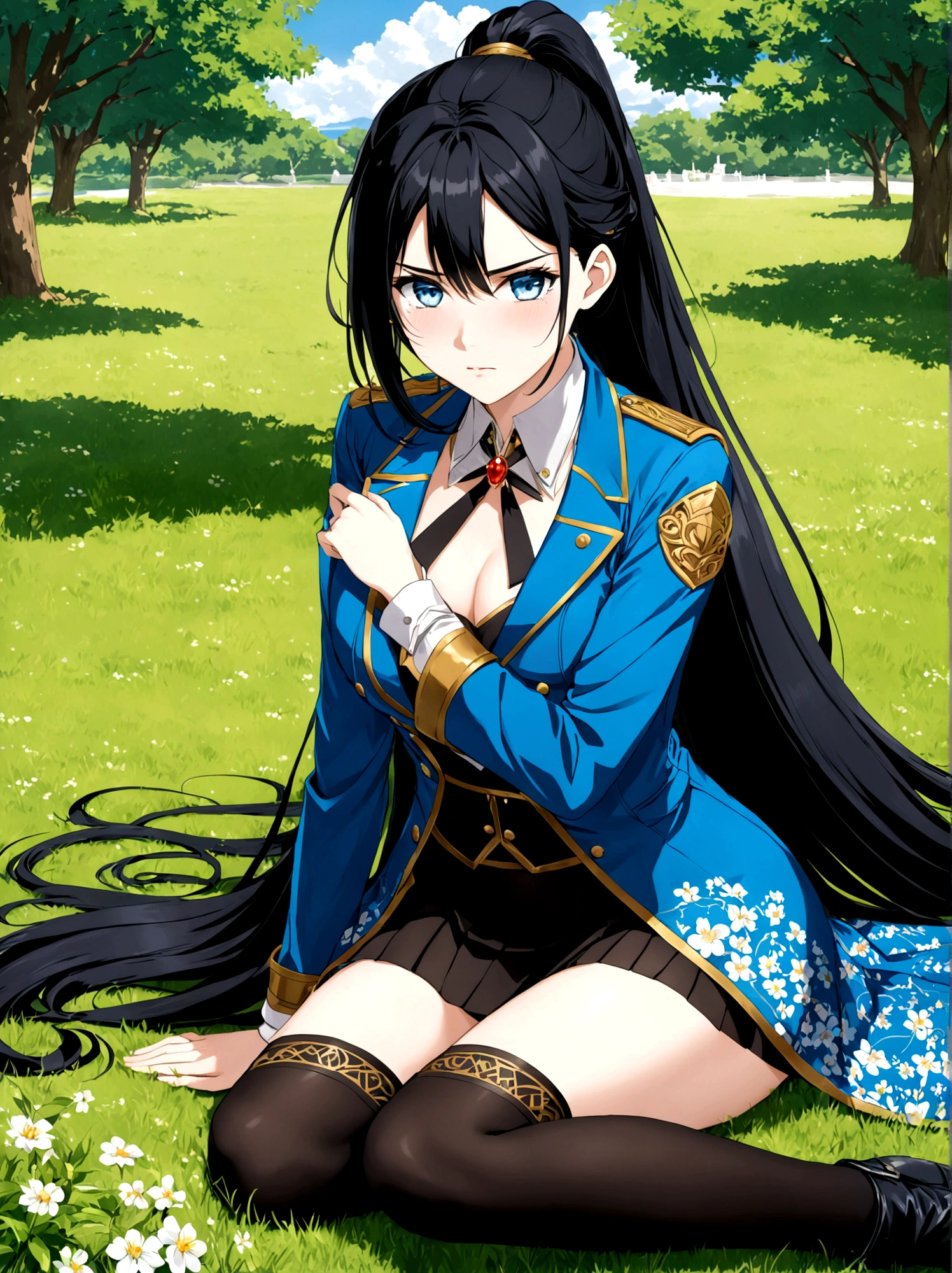A beautiful woman, 18 years old, in a park, sitting on the grass, bending her knees by wrapping her arms around them, angry, sad, tears on her cheeks, /(white skin, extremely long straight jet black hair combed in a ponytail, topaz blue eyes,), /(plain pleated miniskirt with flower patterns, clear thigh-high stockings held up by garters, leather boots, full-length coat, hair brooch,), /(shapely legs, hourglass-shaped athletic body, medium hips, medium waist, large chest, perfect tapered hands, triangular face, long fingers, Greek nose,),