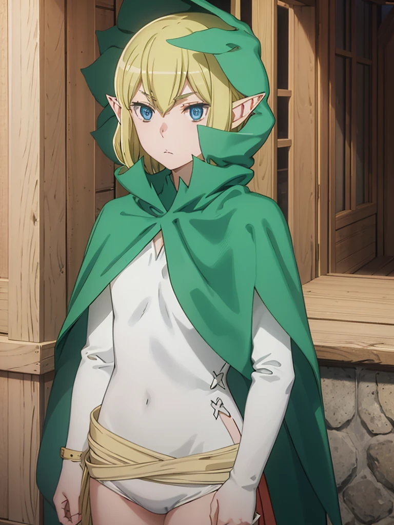 This_Ryu, 1 girl, blonde hair, One, Blue eyes, pointed ears, Cloak, elf, hair between eyes, closed mouth, upper body, anime coloring pages, bang, a parody, зеленый Cloak, Looking at the viewer, hood
 