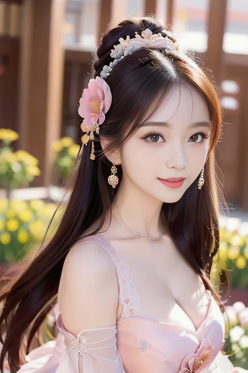 (8K, hyper-high detail, gorgeous chinese lady, ample round bosom, Cute face, cheerfulness, Long hair, Impressive hairstyle, Detailed eyes, Detailed lips, Chinese outfit, Lace, wearing jewellery, bokeh background, Flowers, morning, snowing, head to knees, side shot)