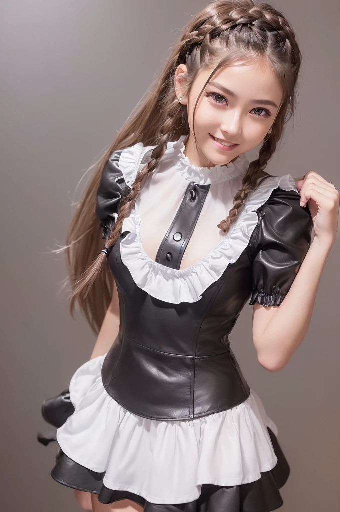 (8k high quality), (2d high quality), (high anime quality), ((beautiful young girl), (beautiful face), (shinning light brown single-braided hair), (beautiful bluish-grey eyes), (shining smooth skin), (beautiful thin eyebrow), (beautiful leather wristwatch), (black & white ruffle armhole single breasted dress), (grinning)