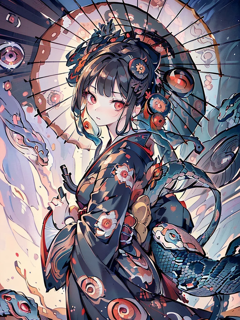 ((highest quality)),(Ultra-high resolution),(Very detailed),(Detailed Description),((The best CG)),(A masterpiece),Ultra-precise art,amazing drawing art,(Japanese art with intricate detail:1.5), (woman:1.5),(Beautiful and well-proportioned face:1.5),(Kimono with intricate and detailed design:1.5),(Snake eye umbrella:1.7),Beautiful woman looking back:1.3, Rainy weather:1.4