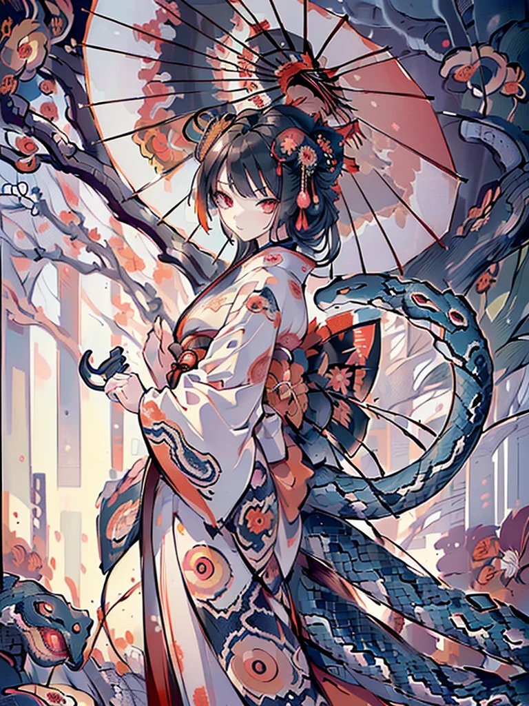 ((highest quality)),(Ultra-high resolution),(Very detailed),(Detailed Description),((The best CG)),(A masterpiece),Ultra-precise art,amazing drawing art,(Japanese art with intricate detail:1.5), (woman:1.5),(Beautiful and well-proportioned face:1.5),(Kimono with intricate and detailed design:1.5),(Snake eye umbrella:1.7),Beautiful woman looking back:1.3, Rainy weather:1.4