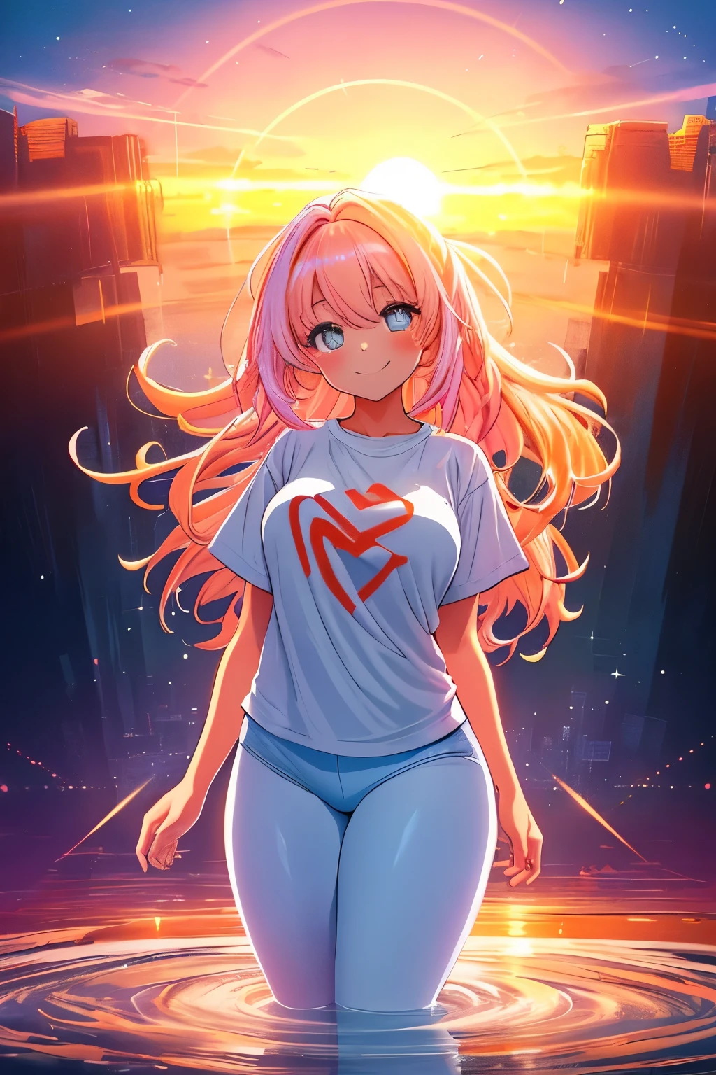 In the break of a brand new day, a radiant figure is depicted after a long, sleepless night. The enlarged, vibrant portrait beautifully encapsulates her, bathed in the soft glow of the rising sun. Her eyes, as wide as the promise of a new dawn, sparkle with a hopeful and resilient smile. The background, a vivid neon hue, symbolizes the energy and optimism that this day will bring. With a high resolution and a thin frame, she is a masterpiece, an oil painting brought to life in top-quality detail, capturing every curve and line of her detailed limbs. Clad in a large, white t-shirt, she wears